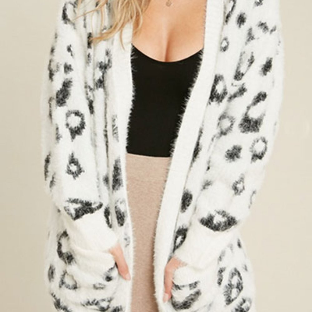 Fuzzy animal print cardigan sweater